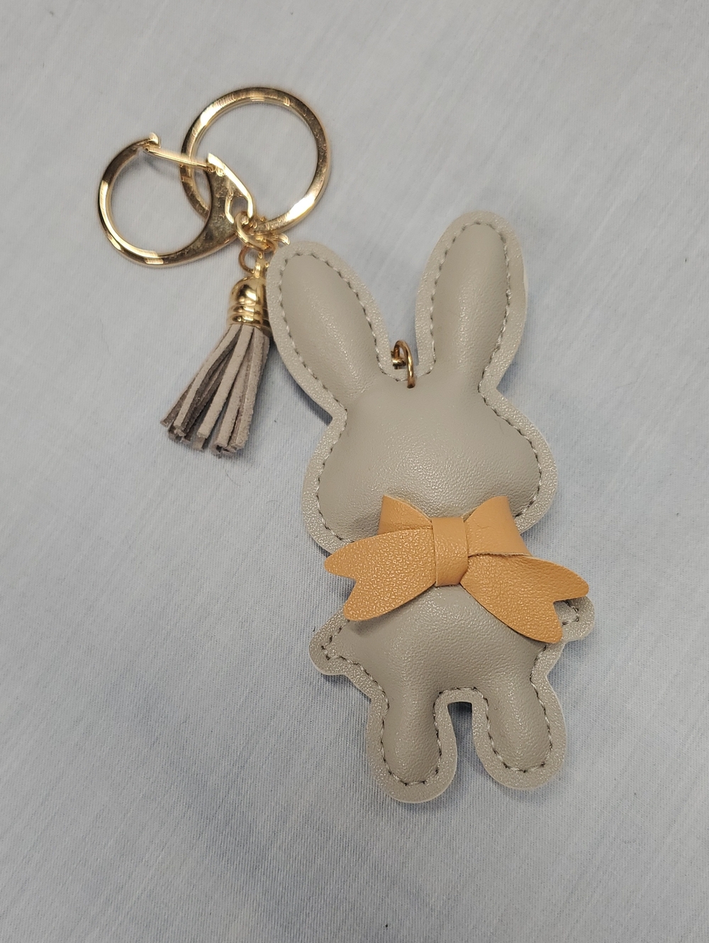 Leather Bunny Keychain with Bow - Beige and Mustard